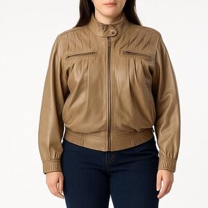 80s Vintage Clay Leather Bomber Jacket Wool Lined Womens M L Moto Aviator Coat